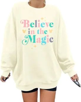BANGELY Magical Sweatshirt Women Magic Kingdom Shirt Funny Believe in Magic Graphic Pullover Family Holiday Long Sleeve Tops