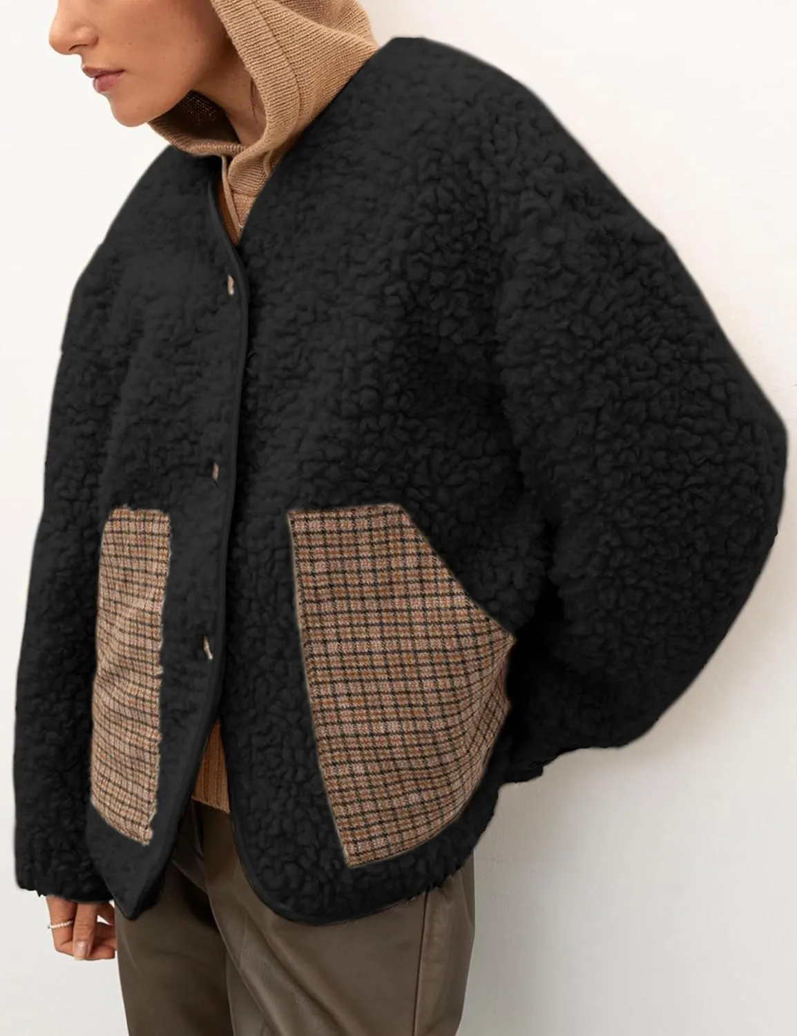 Bankeng Womens Fleece Jacket Long Sleeve Button Lightweight Teddy Jacket Fuzzy Sherpa Cropped Coats Outerwear