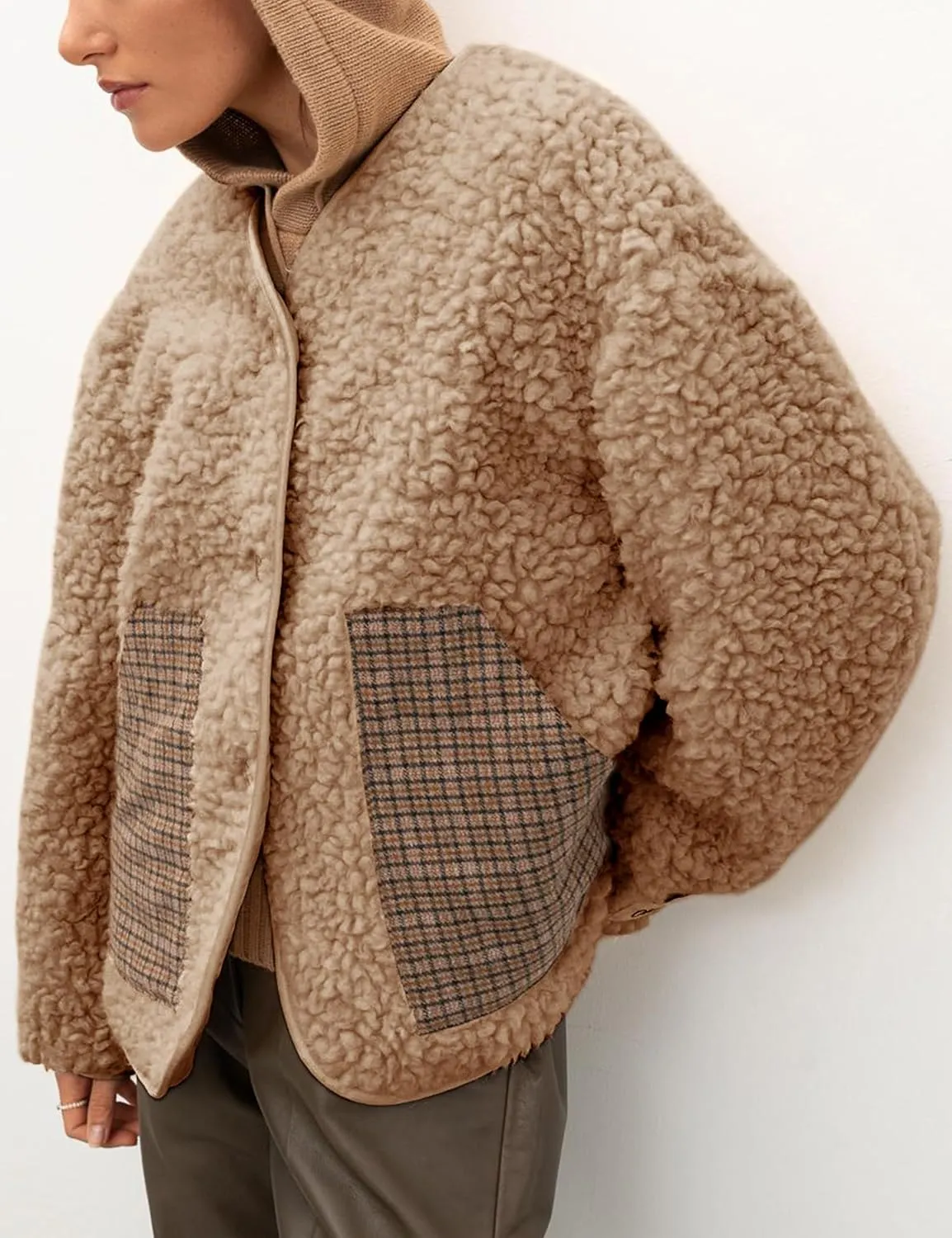 Bankeng Womens Fleece Jacket Long Sleeve Button Lightweight Teddy Jacket Fuzzy Sherpa Cropped Coats Outerwear