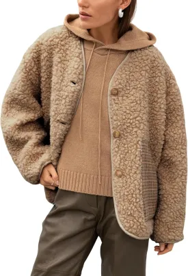 Bankeng Womens Fleece Jacket Long Sleeve Button Lightweight Teddy Jacket Fuzzy Sherpa Cropped Coats Outerwear