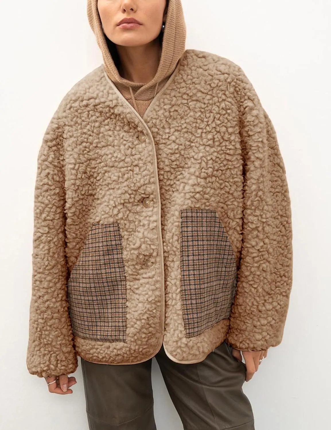 Bankeng Womens Fleece Jacket Long Sleeve Button Lightweight Teddy Jacket Fuzzy Sherpa Cropped Coats Outerwear