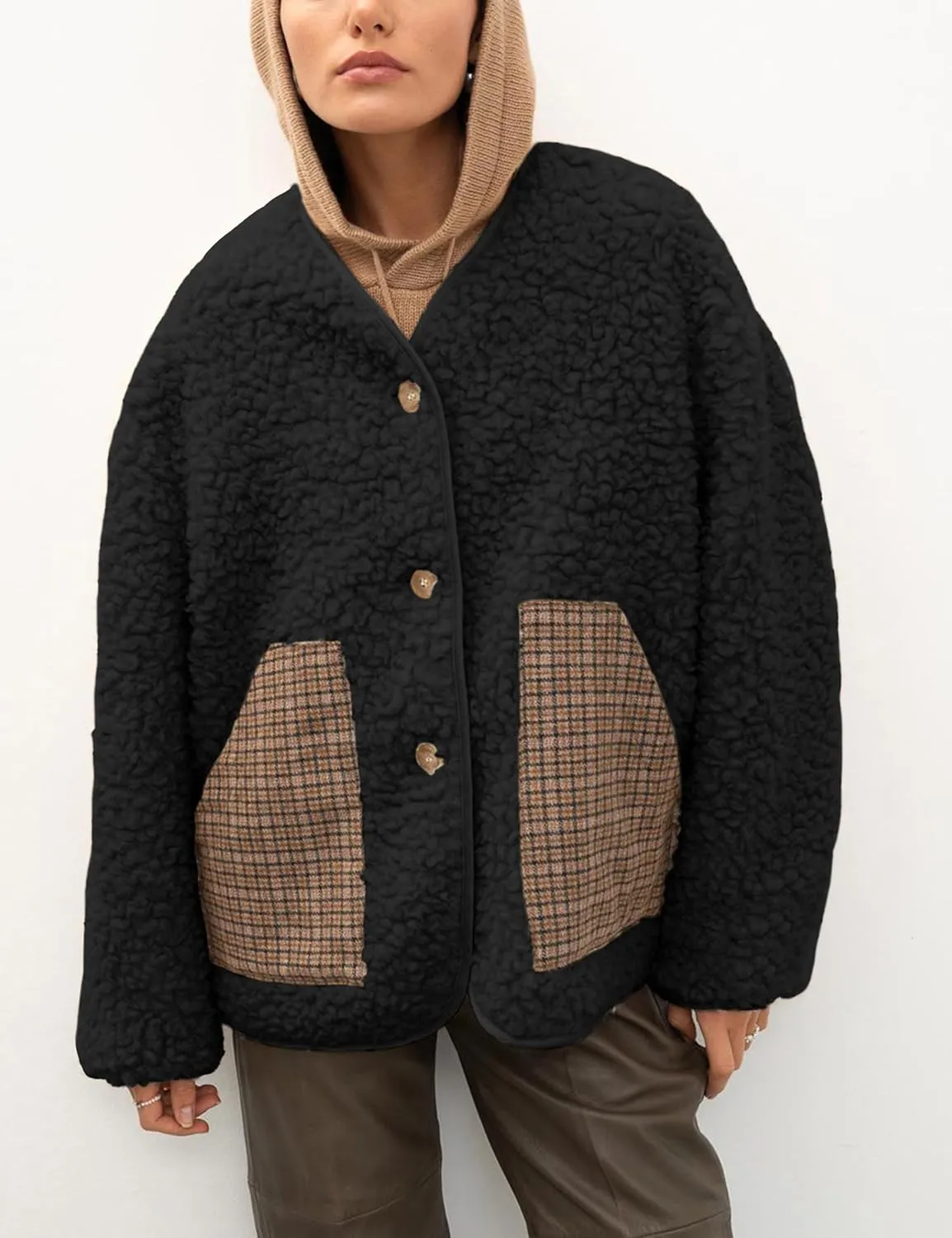 Bankeng Womens Fleece Jacket Long Sleeve Button Lightweight Teddy Jacket Fuzzy Sherpa Cropped Coats Outerwear