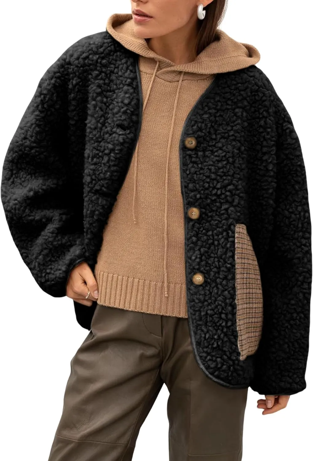 Bankeng Womens Fleece Jacket Long Sleeve Button Lightweight Teddy Jacket Fuzzy Sherpa Cropped Coats Outerwear