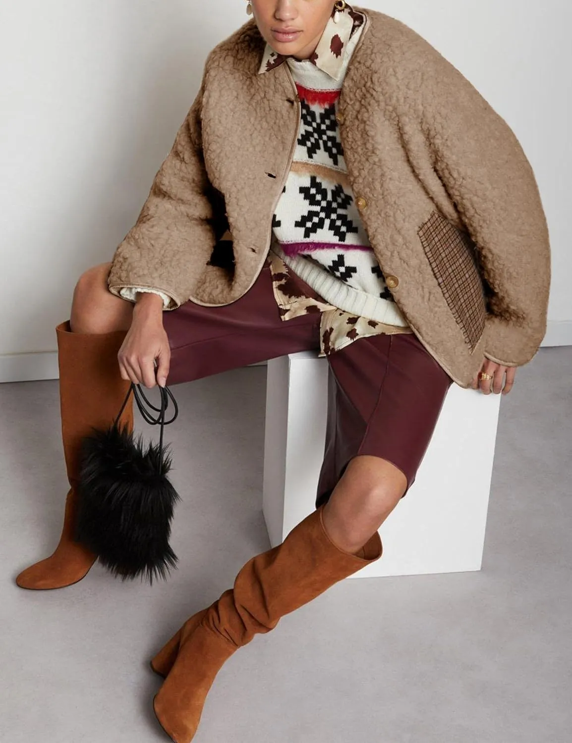 Bankeng Womens Fleece Jacket Long Sleeve Button Lightweight Teddy Jacket Fuzzy Sherpa Cropped Coats Outerwear