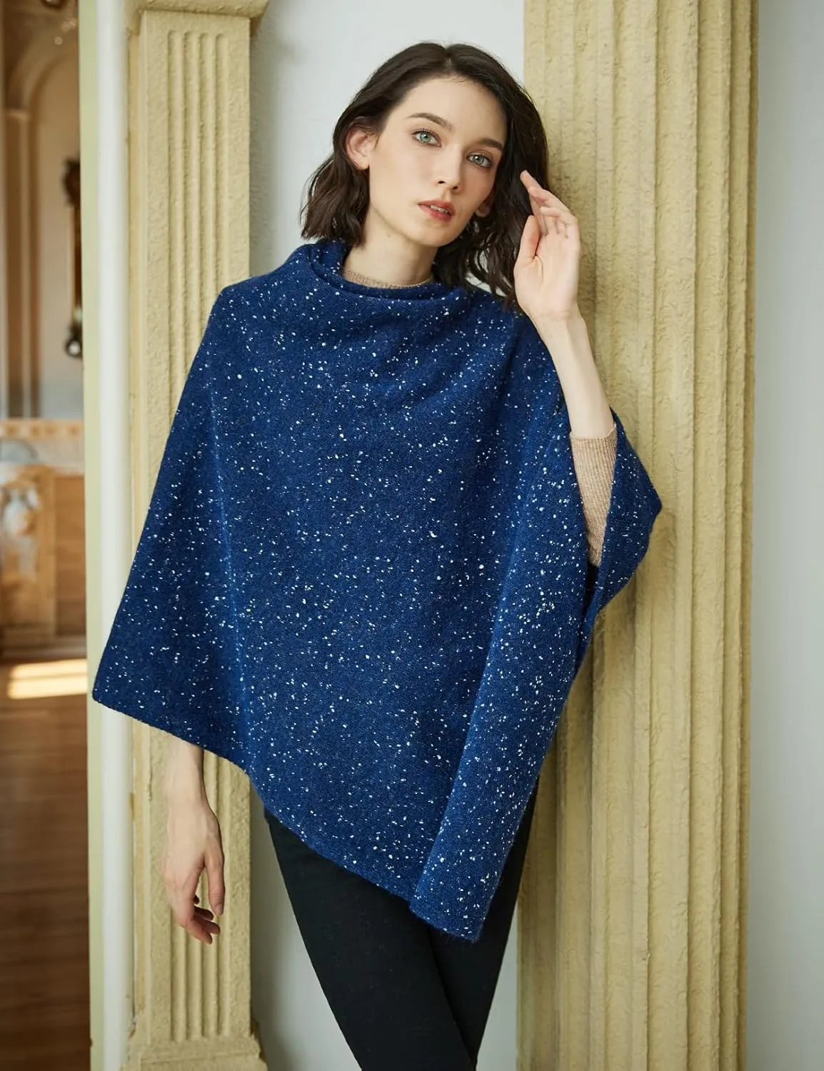 BEAUTELICATE Women Wool Poncho Knitted Tweed Wool Sweater Pullover Pile Collar Cape