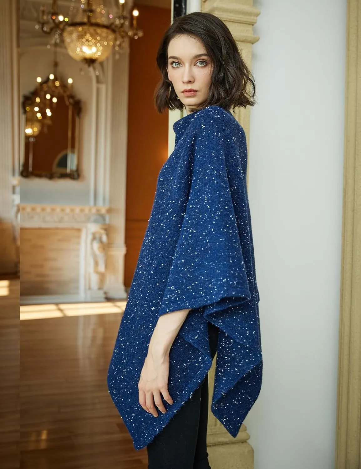 BEAUTELICATE Women Wool Poncho Knitted Tweed Wool Sweater Pullover Pile Collar Cape