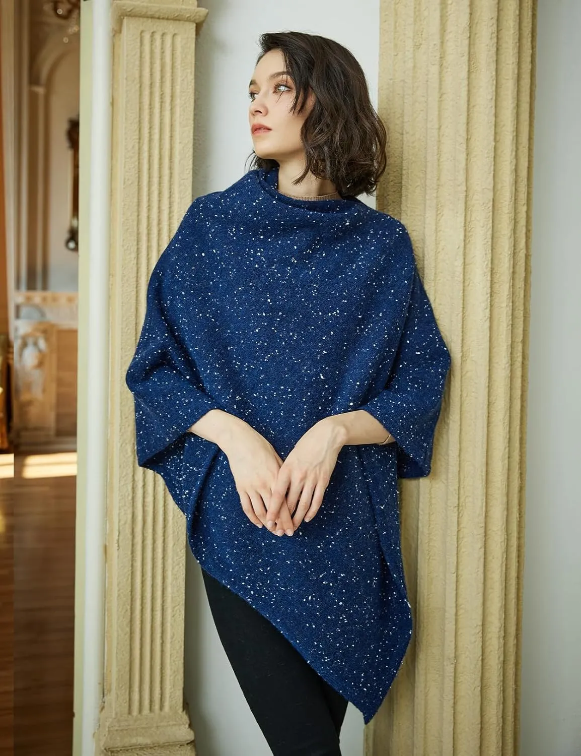 BEAUTELICATE Women Wool Poncho Knitted Tweed Wool Sweater Pullover Pile Collar Cape