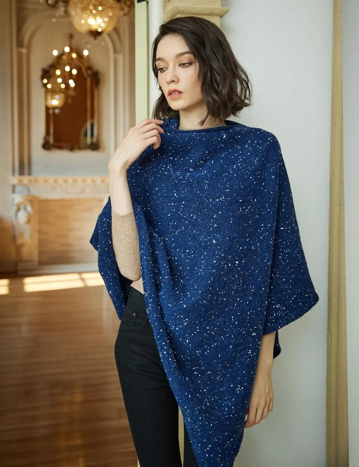 BEAUTELICATE Women Wool Poncho Knitted Tweed Wool Sweater Pullover Pile Collar Cape