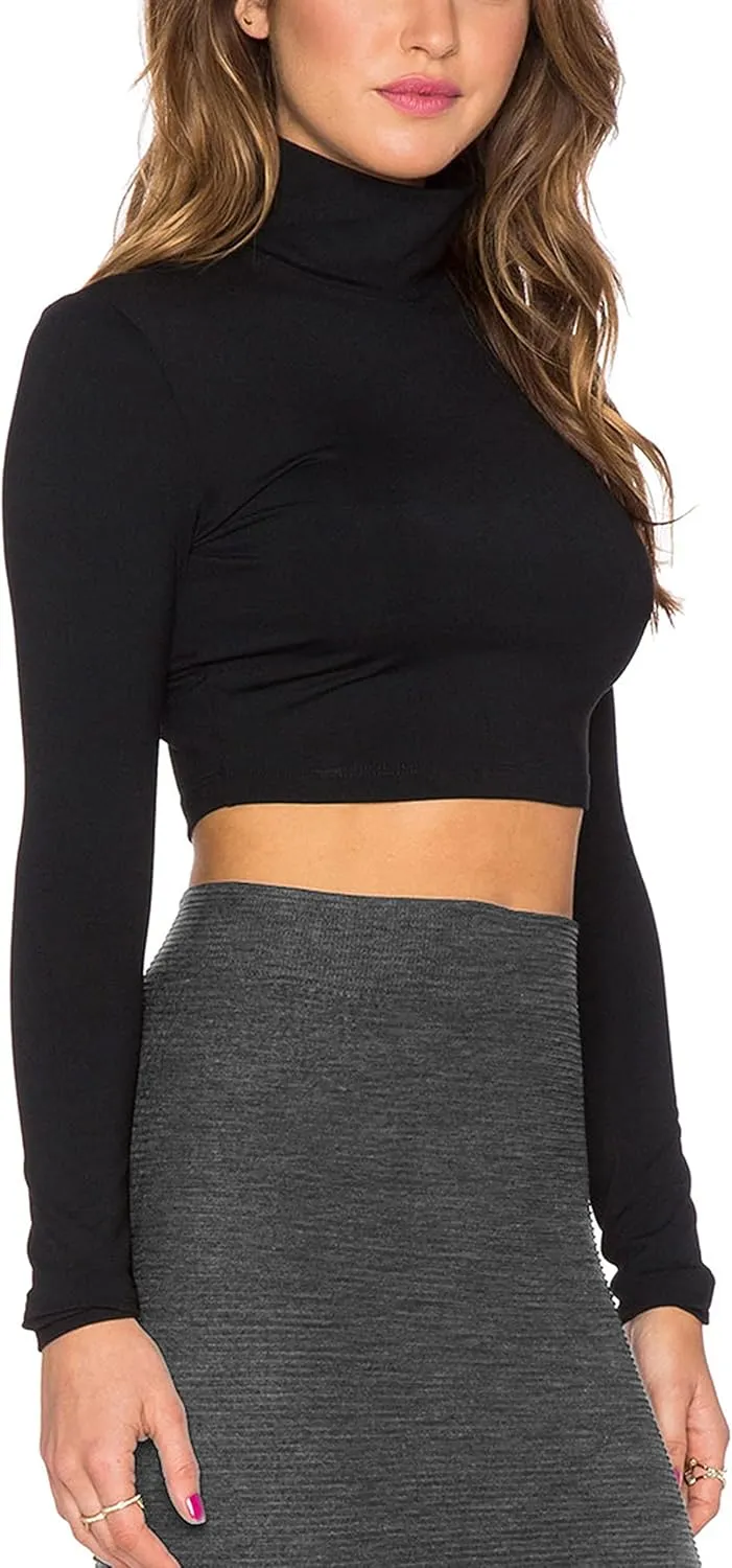 Bestisun Women Long Sleeve Stretchy Slim Fitted Cropped Shirts Turtleneck Crop Top