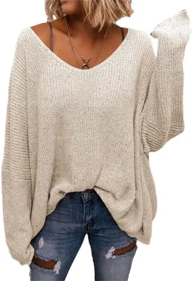 BZB Women's V Neck Long Sleeve Knit Loose Oversized Pullover Sweater Top