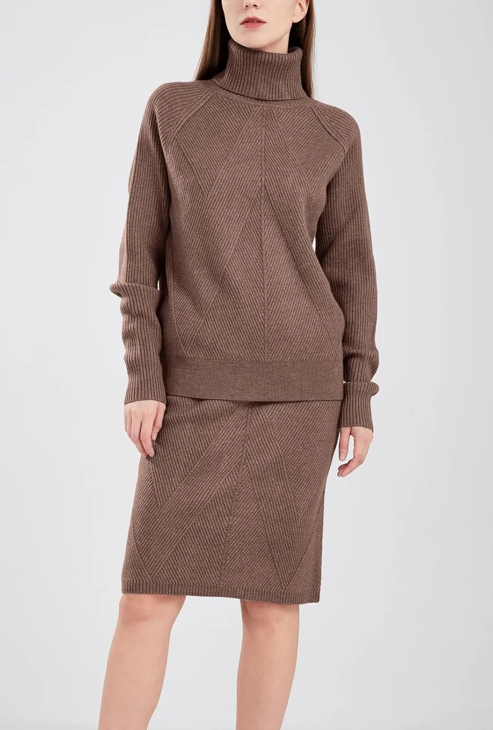 chouyatou Women's Casual 2 Piece Outfits Turtleneck Cable Knit Sweater and Bodycon Skirt Sets