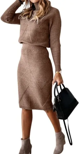 chouyatou Women's Casual 2 Piece Outfits Turtleneck Cable Knit Sweater and Bodycon Skirt Sets