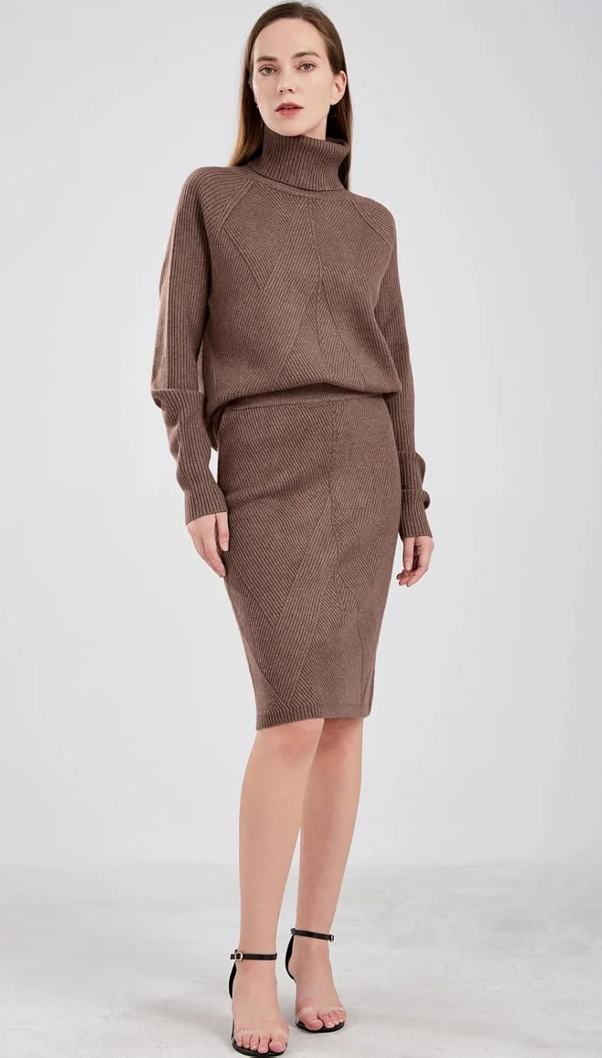 chouyatou Women's Casual 2 Piece Outfits Turtleneck Cable Knit Sweater and Bodycon Skirt Sets