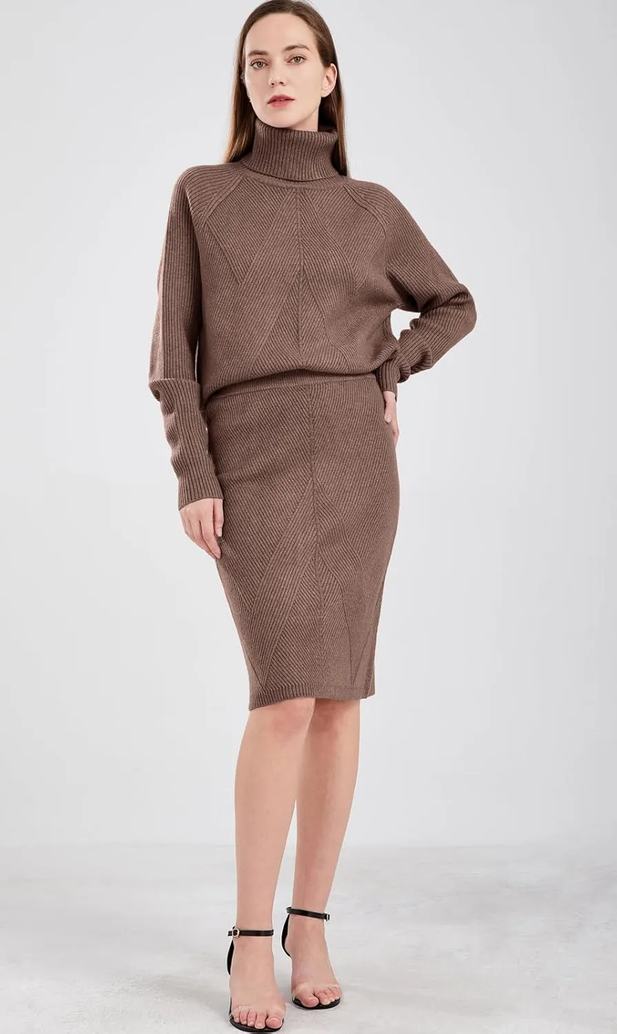 chouyatou Women's Casual 2 Piece Outfits Turtleneck Cable Knit Sweater and Bodycon Skirt Sets