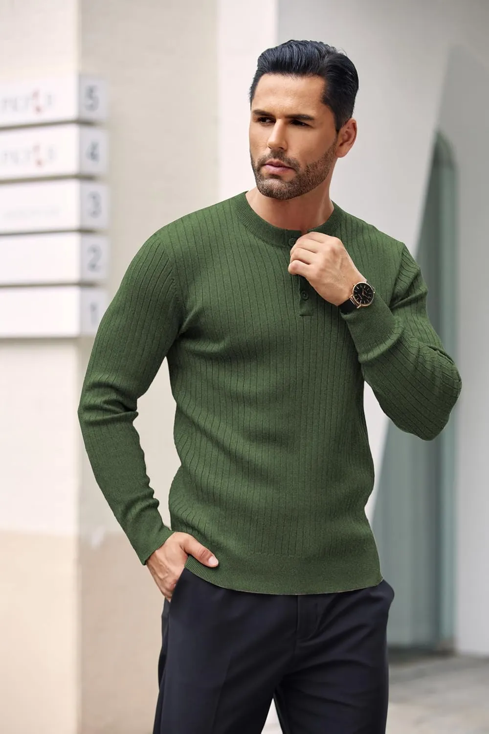 COOFANDY Mens Knit Henley Sweater Long Sleeve Button Down Lightweight Sweater Fall Slim Fit Ribbed Pullover