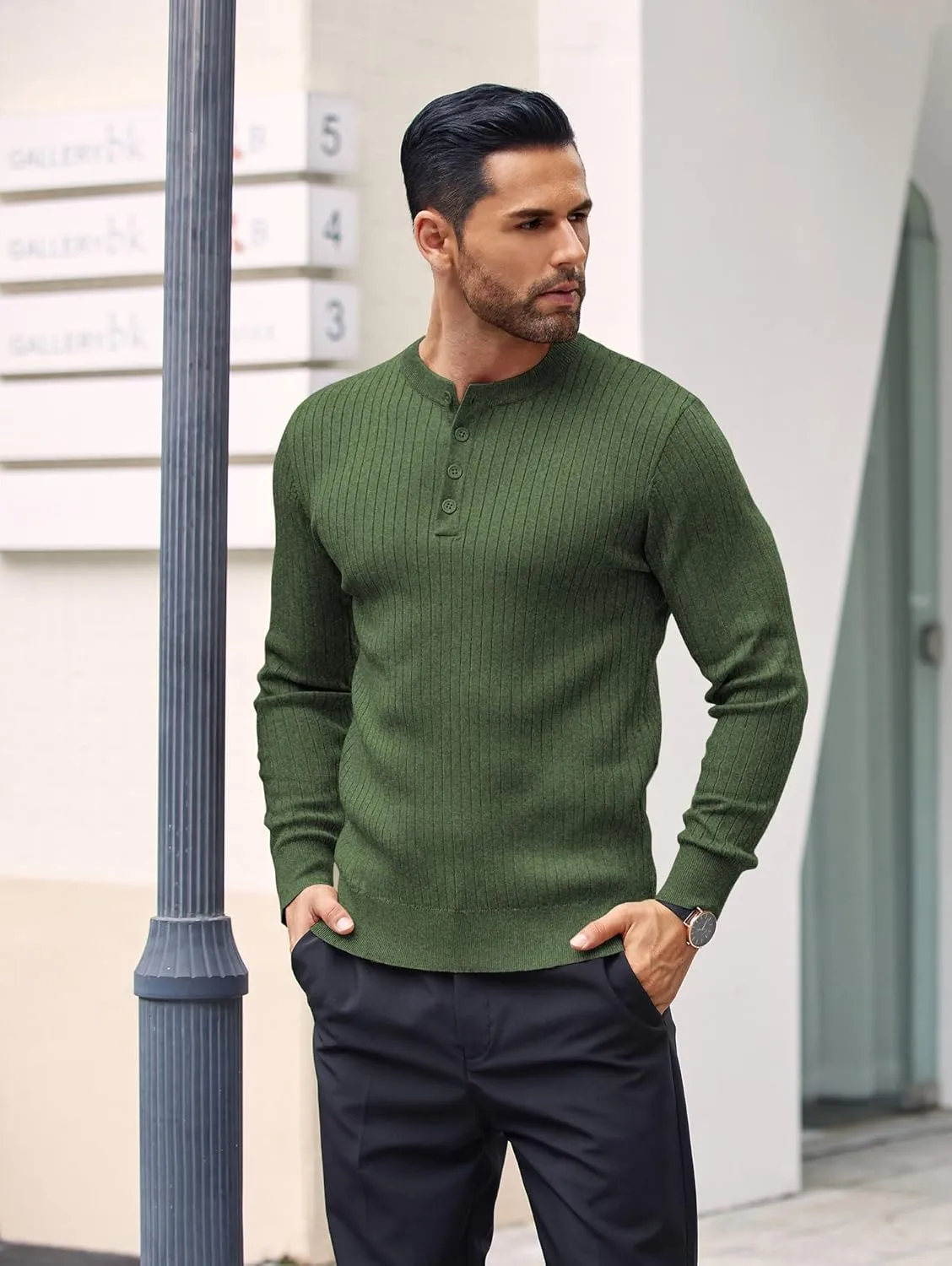 COOFANDY Mens Knit Henley Sweater Long Sleeve Button Down Lightweight Sweater Fall Slim Fit Ribbed Pullover