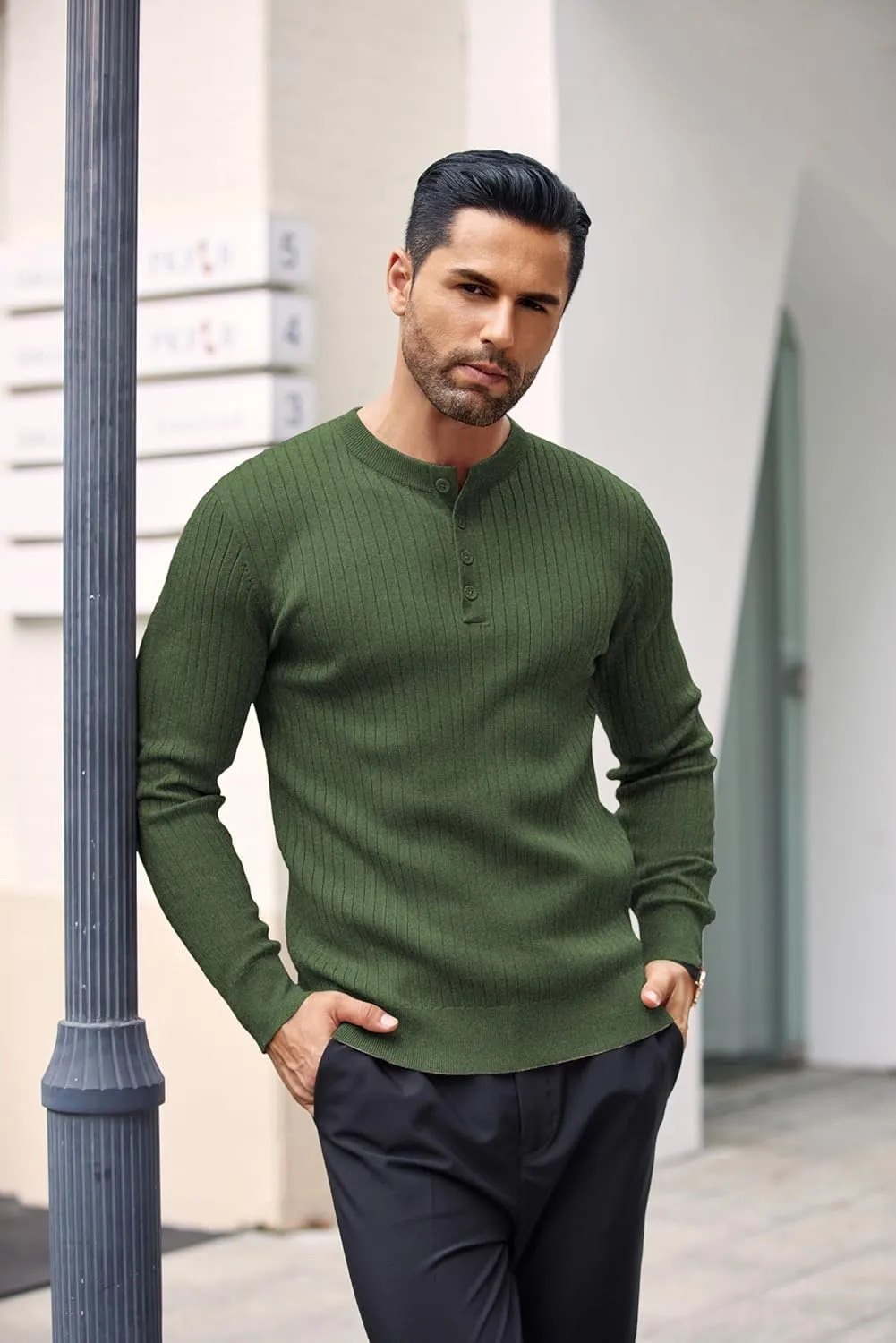 COOFANDY Mens Knit Henley Sweater Long Sleeve Button Down Lightweight Sweater Fall Slim Fit Ribbed Pullover