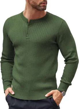 COOFANDY Mens Knit Henley Sweater Long Sleeve Button Down Lightweight Sweater Fall Slim Fit Ribbed Pullover