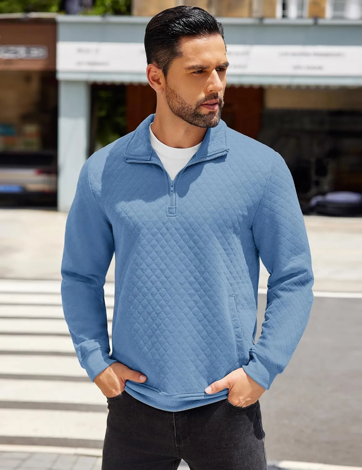 COOFANDY Mens Quarter Zip Pullover Quilted Sweatshirt Knit Long Sleeve Mock Neck Sweater Polo with Pocket