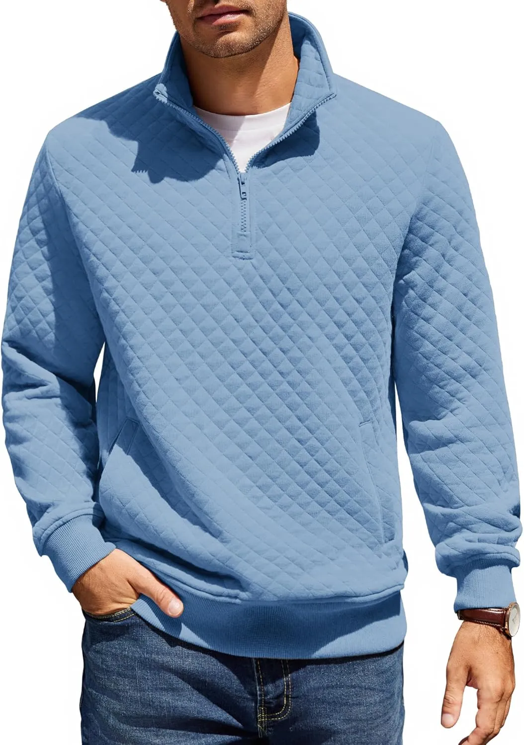 COOFANDY Mens Quarter Zip Pullover Quilted Sweatshirt Knit Long Sleeve Mock Neck Sweater Polo with Pocket