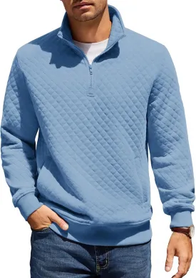 COOFANDY Mens Quarter Zip Pullover Quilted Sweatshirt Knit Long Sleeve Mock Neck Sweater Polo with Pocket