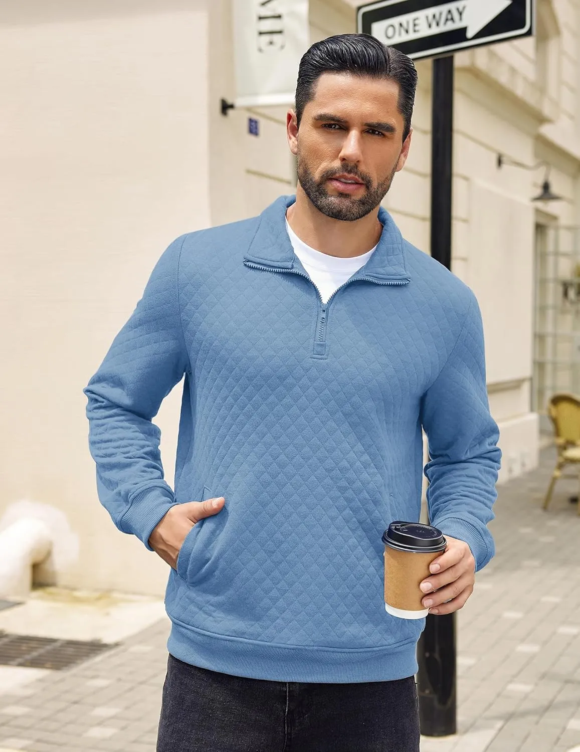 COOFANDY Mens Quarter Zip Pullover Quilted Sweatshirt Knit Long Sleeve Mock Neck Sweater Polo with Pocket