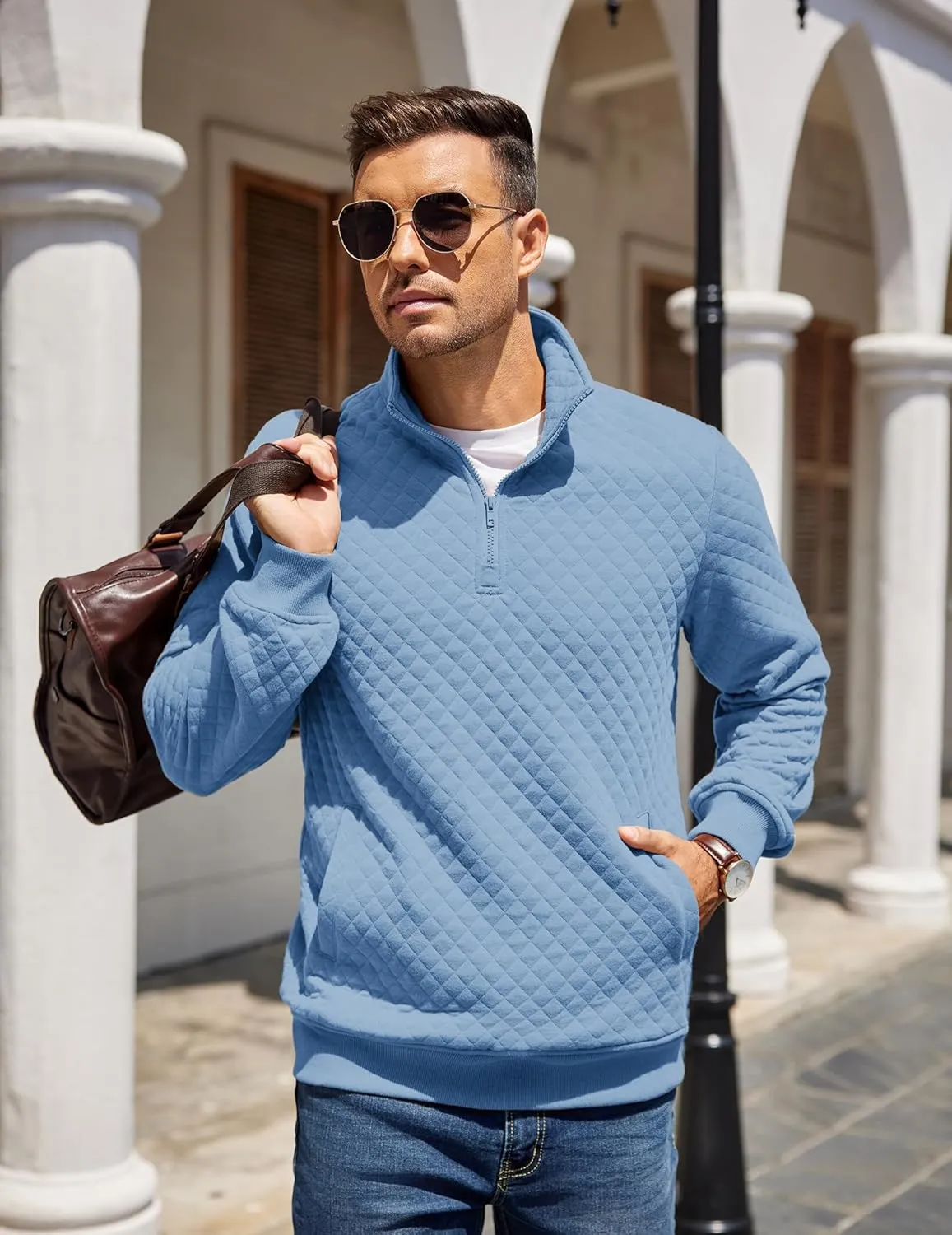 COOFANDY Mens Quarter Zip Pullover Quilted Sweatshirt Knit Long Sleeve Mock Neck Sweater Polo with Pocket