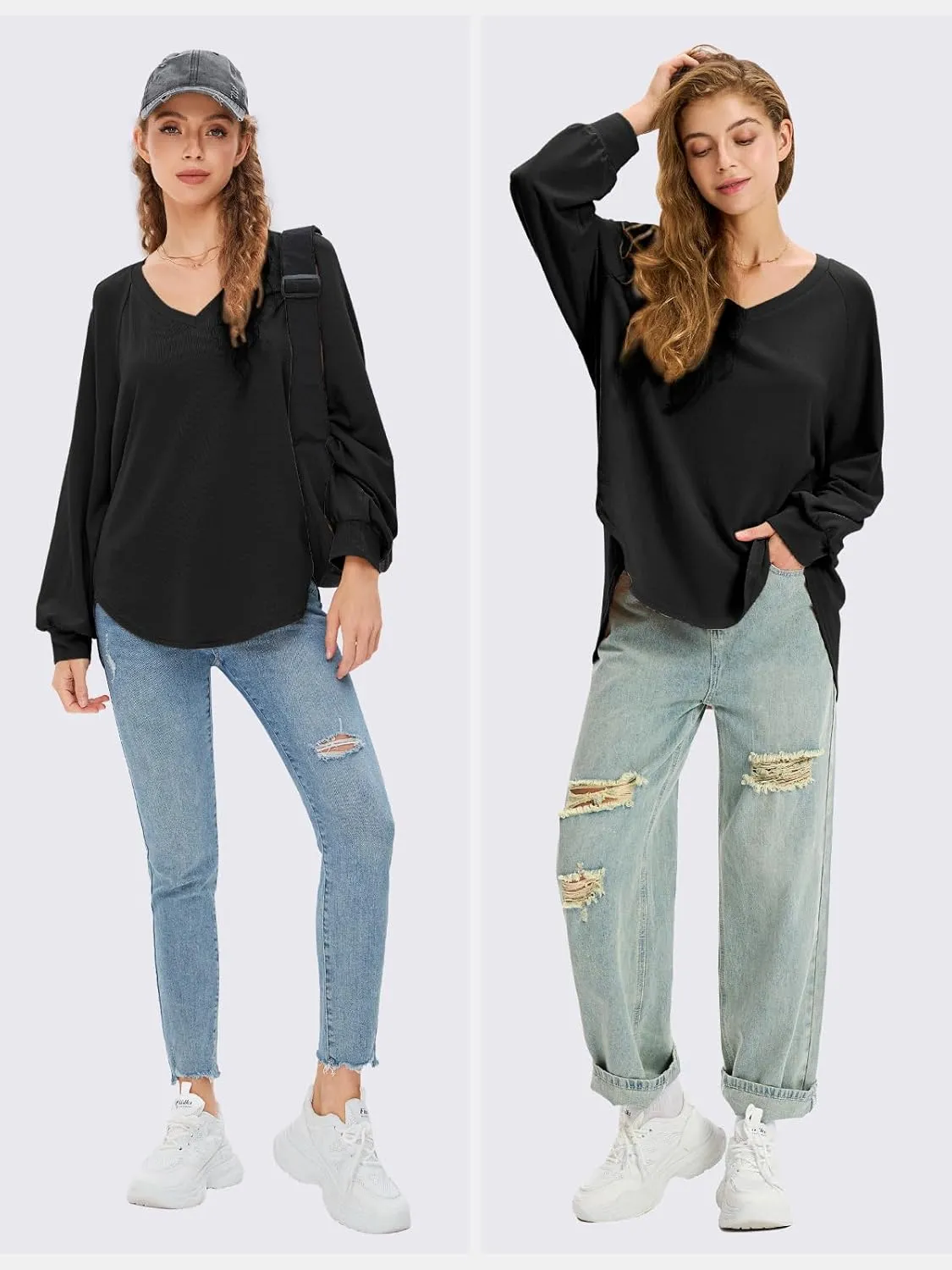 EXLURA Womens Spring Oversized V Neck Tunic Tops 2025 Casual Long Sleeve Shirts Lightweight Soft Sweater Curved Hem T Shirts