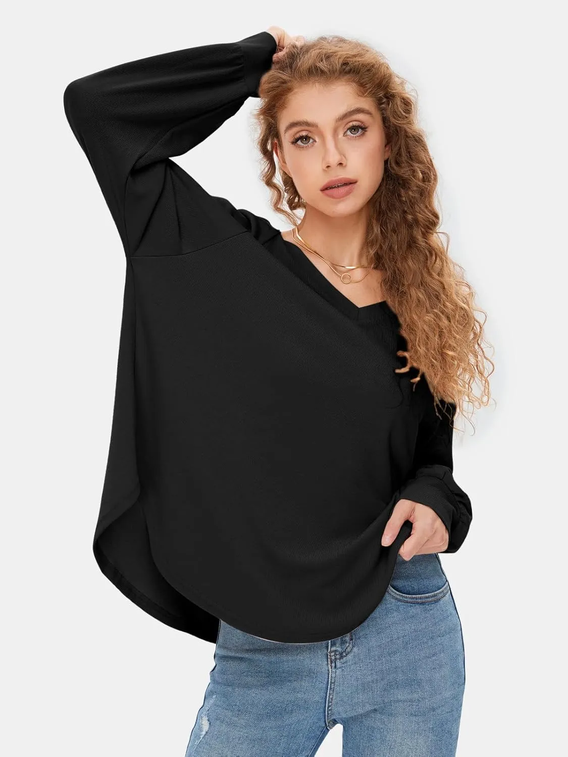 EXLURA Womens Spring Oversized V Neck Tunic Tops 2025 Casual Long Sleeve Shirts Lightweight Soft Sweater Curved Hem T Shirts