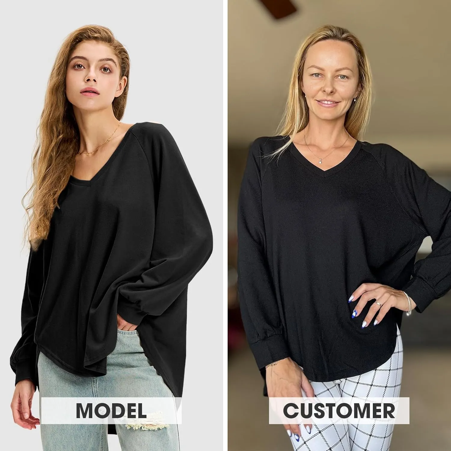 EXLURA Womens Spring Oversized V Neck Tunic Tops 2025 Casual Long Sleeve Shirts Lightweight Soft Sweater Curved Hem T Shirts