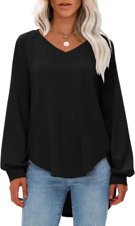 EXLURA Womens Spring Oversized V Neck Tunic Tops 2025 Casual Long Sleeve Shirts Lightweight Soft Sweater Curved Hem T Shirts