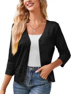 GRACE KARIN Women's 2025 Cropped Cardigan 3/4 Sleeve Lightweight Crochet Shrug Hollowed-Out Knit Sweater Tops