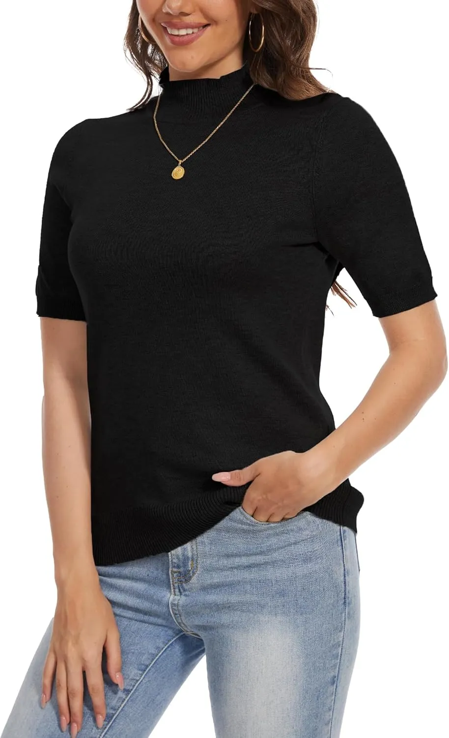 INKOFF Women's Short Sleeve Mock Neck Sweater Top Turtleneck Dressy Pullover Knit Shirt
