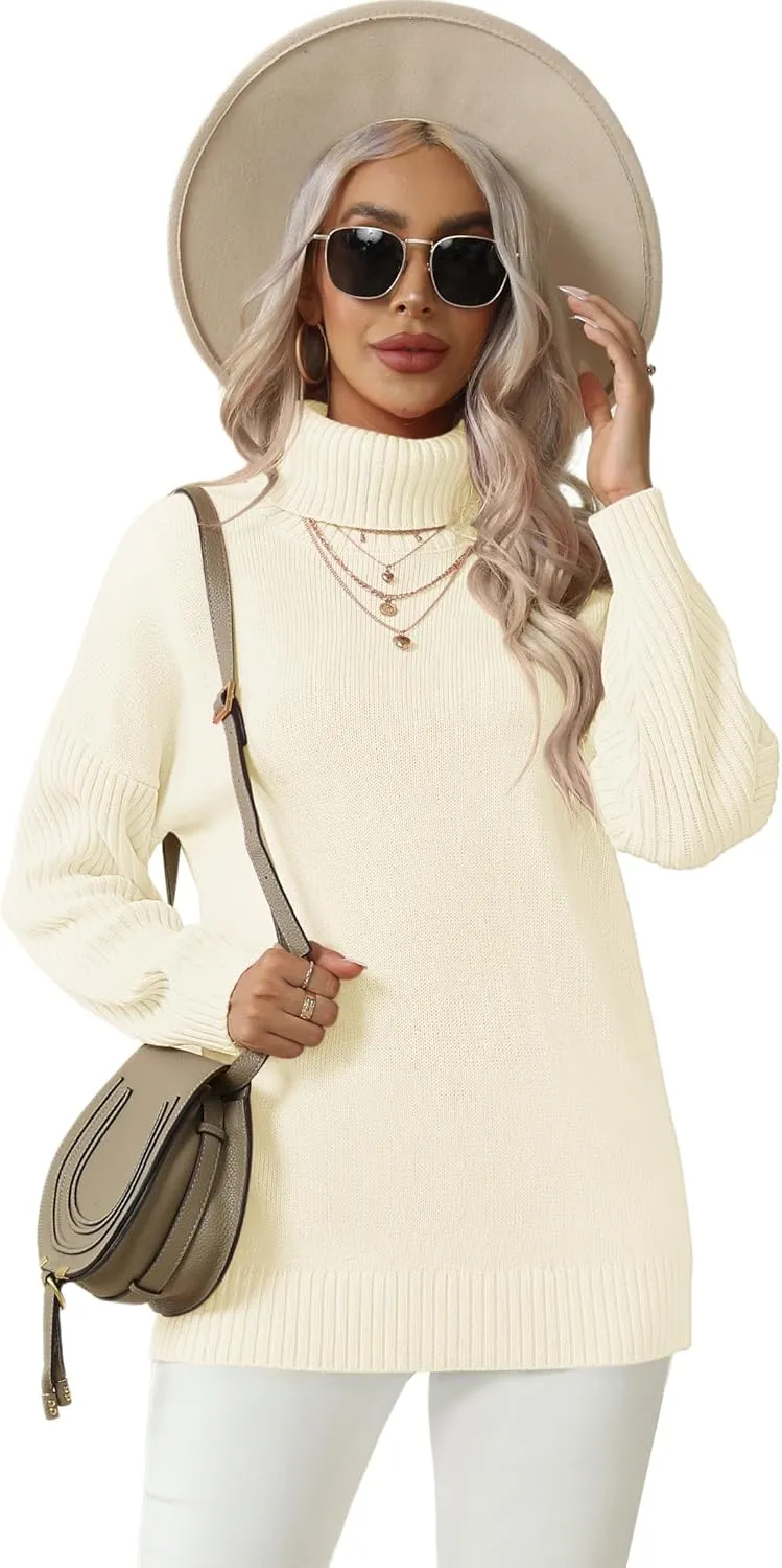 Jouica Women 2024 Fall Casual Turtleneck Batwing Sleeve Chunky Oversized Ribbed Knit Tunic Sweaters Pullover