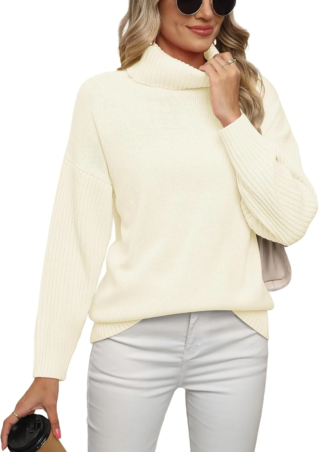 Jouica Women 2024 Fall Casual Turtleneck Batwing Sleeve Chunky Oversized Ribbed Knit Tunic Sweaters Pullover