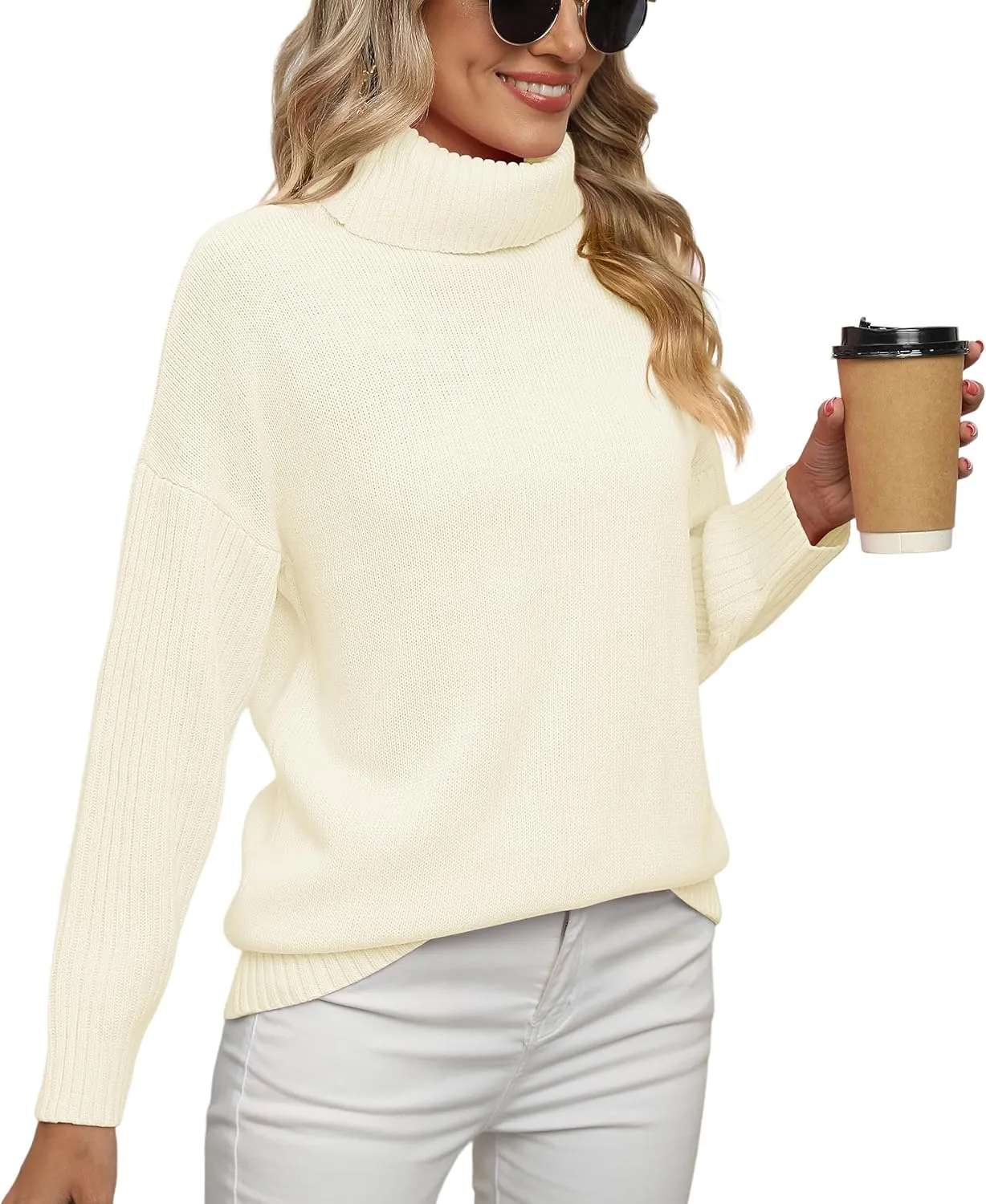 Jouica Women 2024 Fall Casual Turtleneck Batwing Sleeve Chunky Oversized Ribbed Knit Tunic Sweaters Pullover