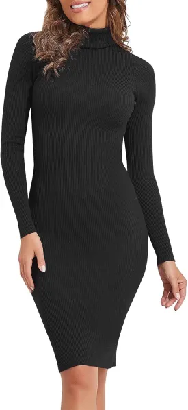 kayamiya Women's Turtleneck Midi Sweater Dress Long Sleeve Bodycon Ribbed Knit Dress