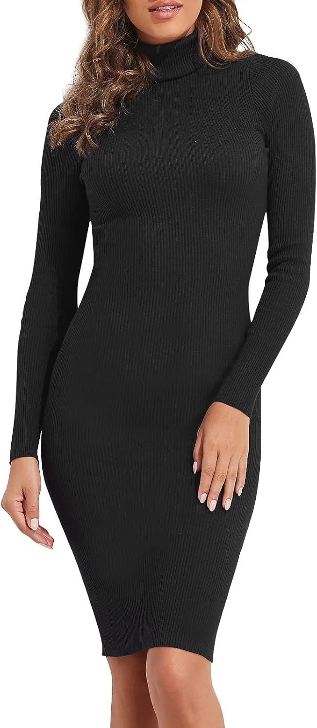 kayamiya Women's Turtleneck Midi Sweater Dress Long Sleeve Bodycon Ribbed Knit Dress