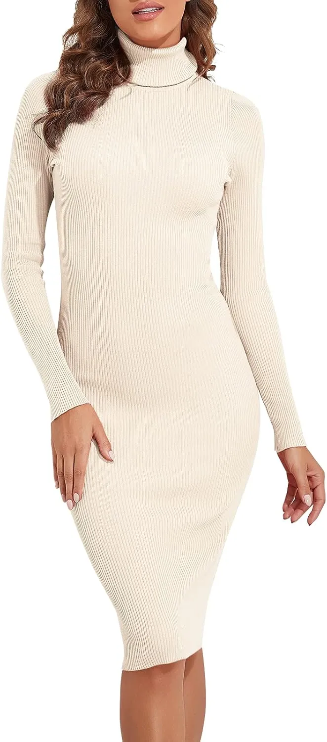 kayamiya Women's Turtleneck Midi Sweater Dress Long Sleeve Bodycon Ribbed Knit Dress