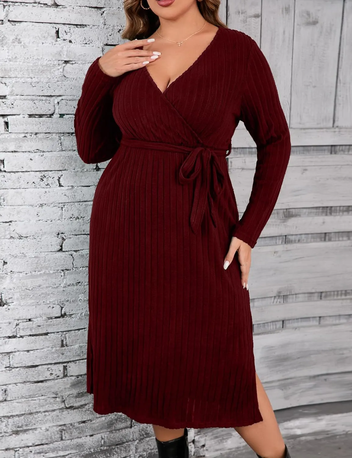 KOJOOIN Women Plus Size Sweater Dress V-Neck Long Sleeve Knit Dress Side Split Elegant Sweater Dress with Belt