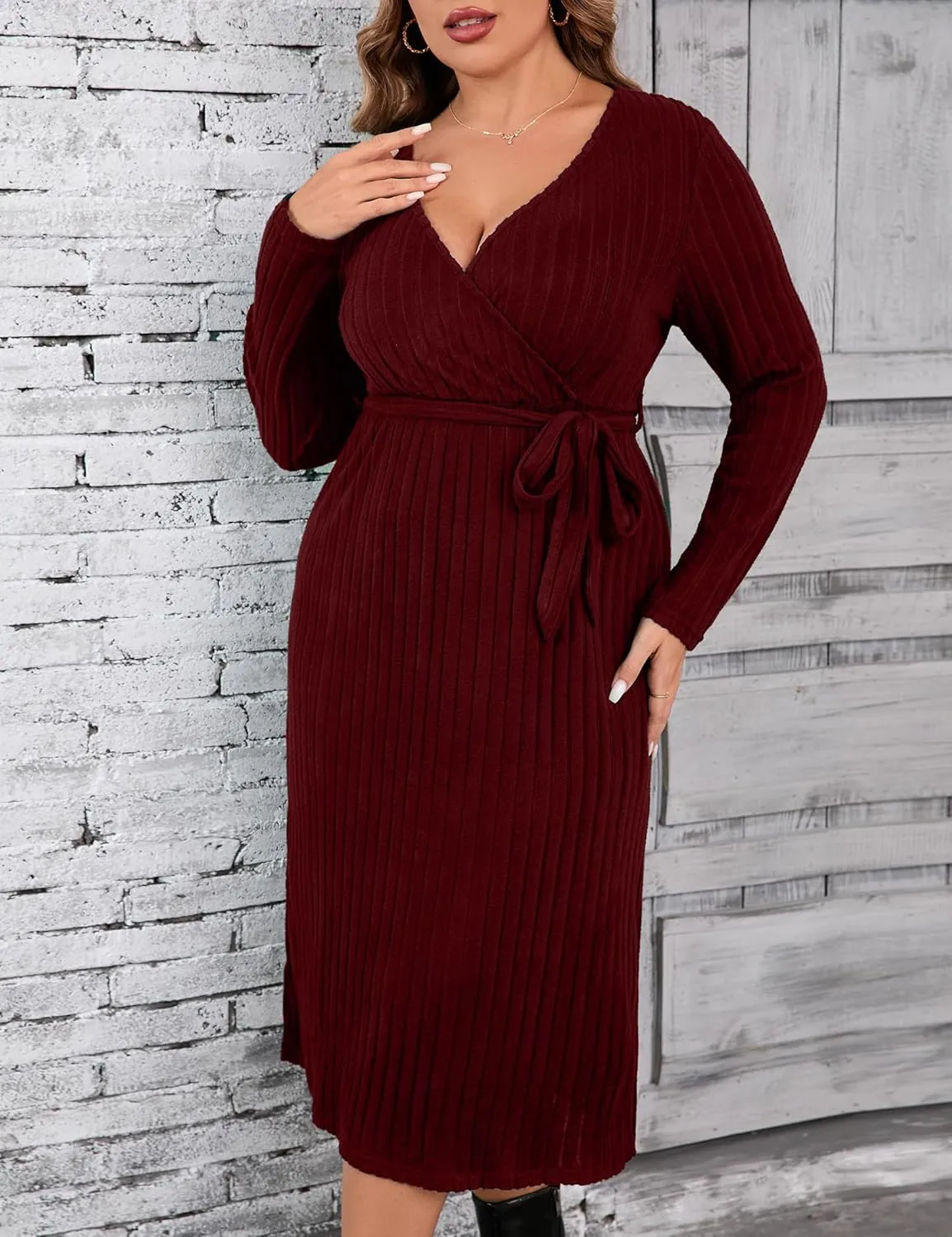 KOJOOIN Women Plus Size Sweater Dress V-Neck Long Sleeve Knit Dress Side Split Elegant Sweater Dress with Belt
