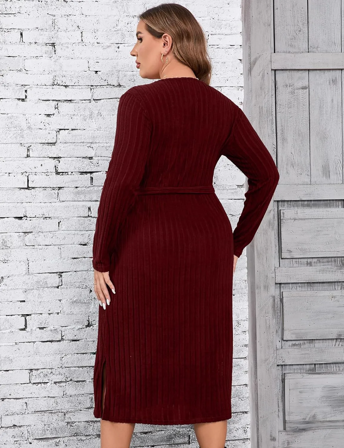KOJOOIN Women Plus Size Sweater Dress V-Neck Long Sleeve Knit Dress Side Split Elegant Sweater Dress with Belt