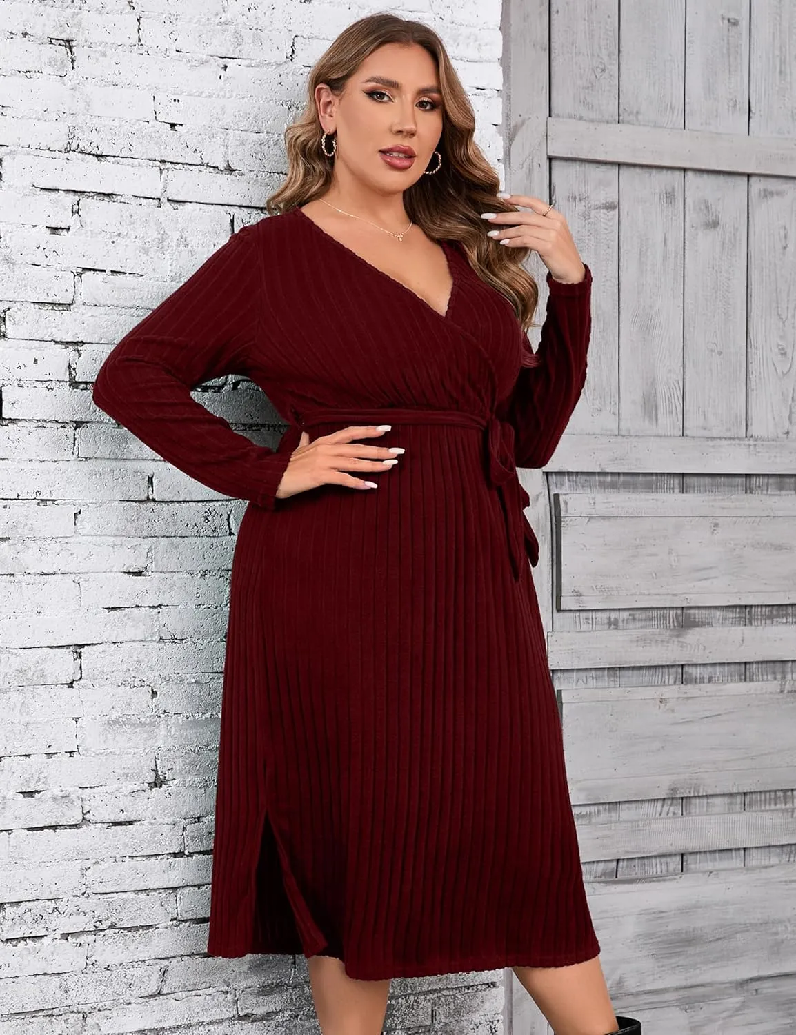 KOJOOIN Women Plus Size Sweater Dress V-Neck Long Sleeve Knit Dress Side Split Elegant Sweater Dress with Belt