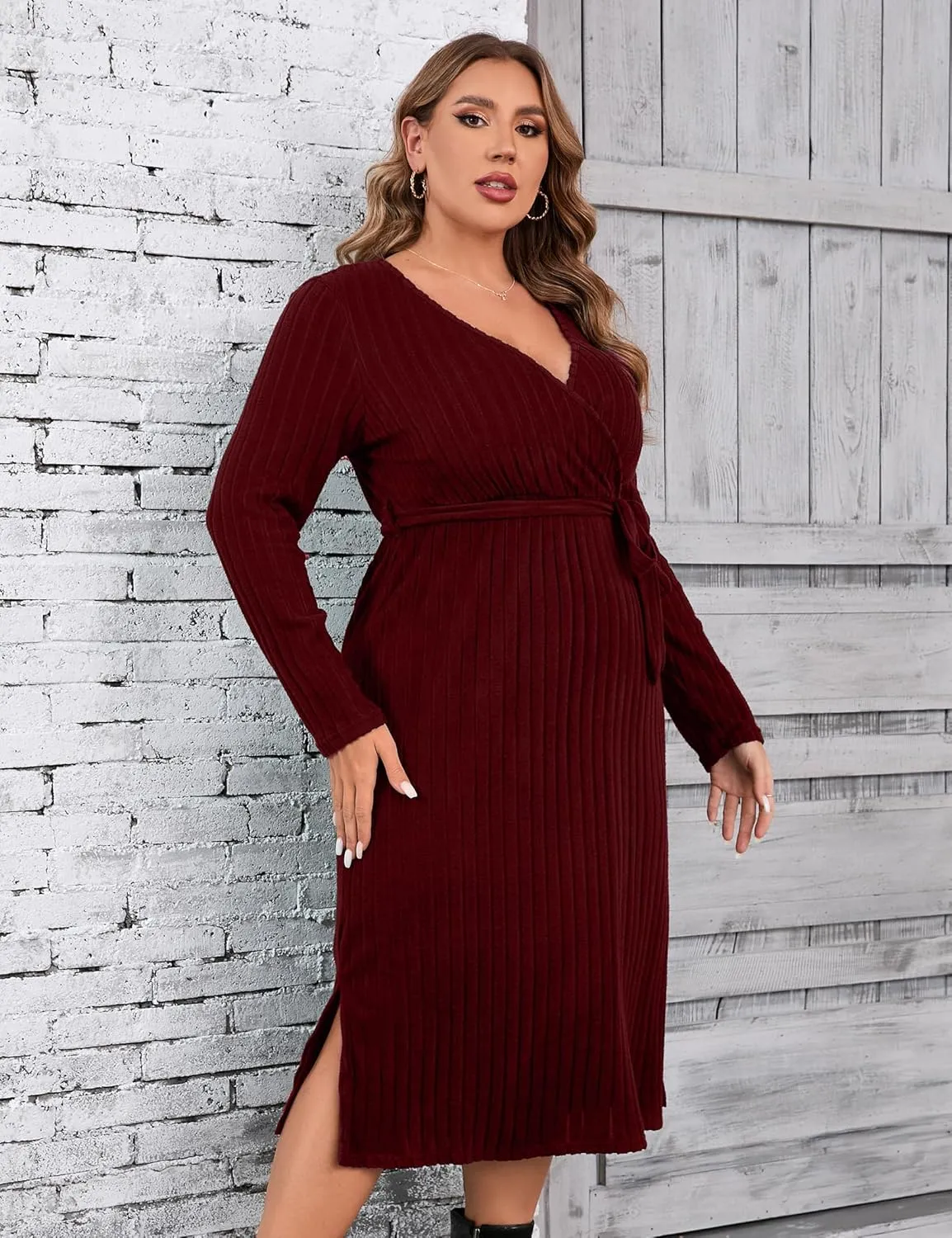 KOJOOIN Women Plus Size Sweater Dress V-Neck Long Sleeve Knit Dress Side Split Elegant Sweater Dress with Belt