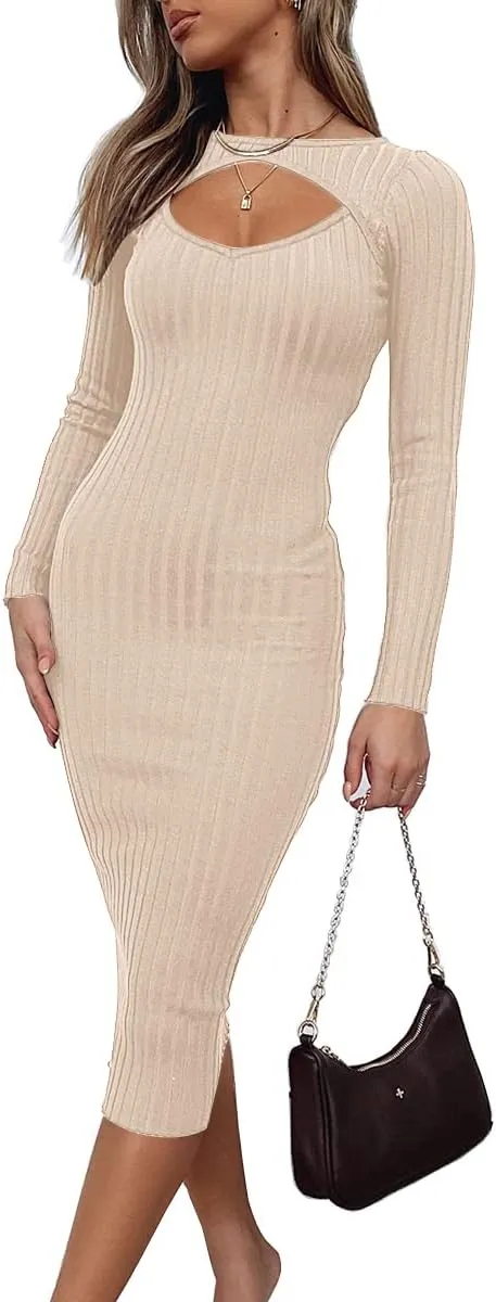 LILLUSORY Fall Womens Sweaters Bodycon Sweater Dress 2023 Long Sleeve Midi Knit Dresses