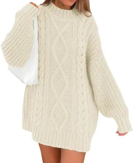 LILLUSORY Women's Crewneck Oversized Sweater Dress 2024 Fall Fashion Cable Knit Long Sleeve Dresses Chunky Pullover Tops