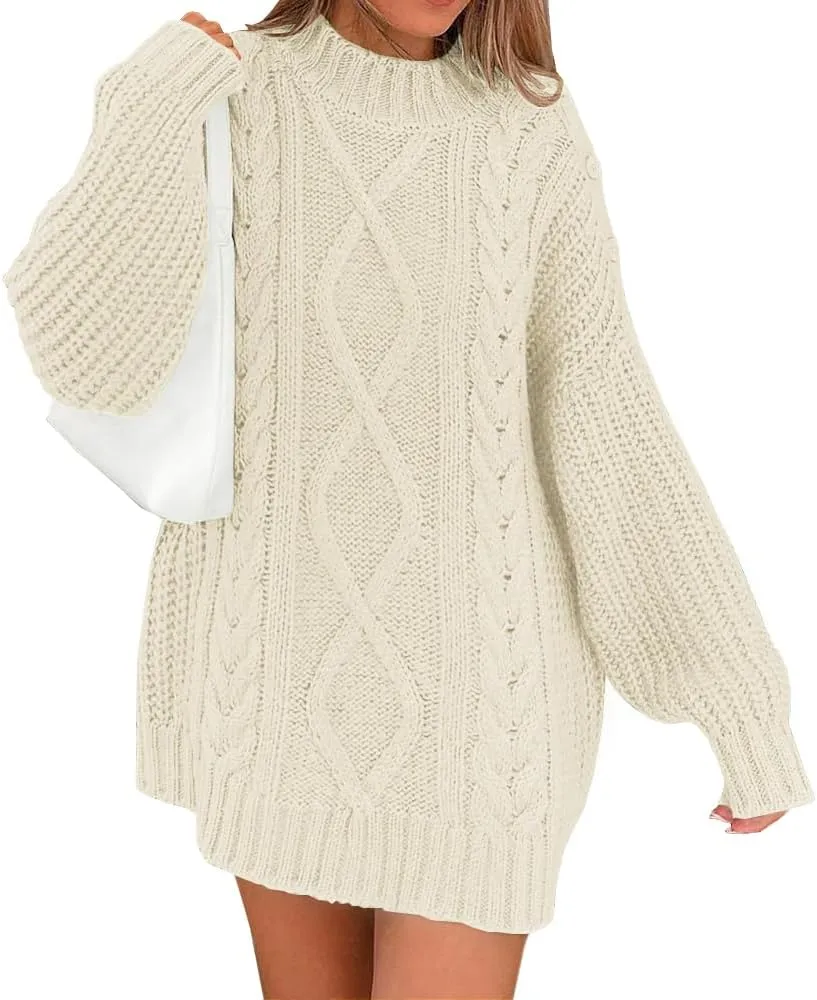 LILLUSORY Women's Crewneck Oversized Sweater Dress 2024 Fall Fashion Cable Knit Long Sleeve Dresses Chunky Pullover Tops