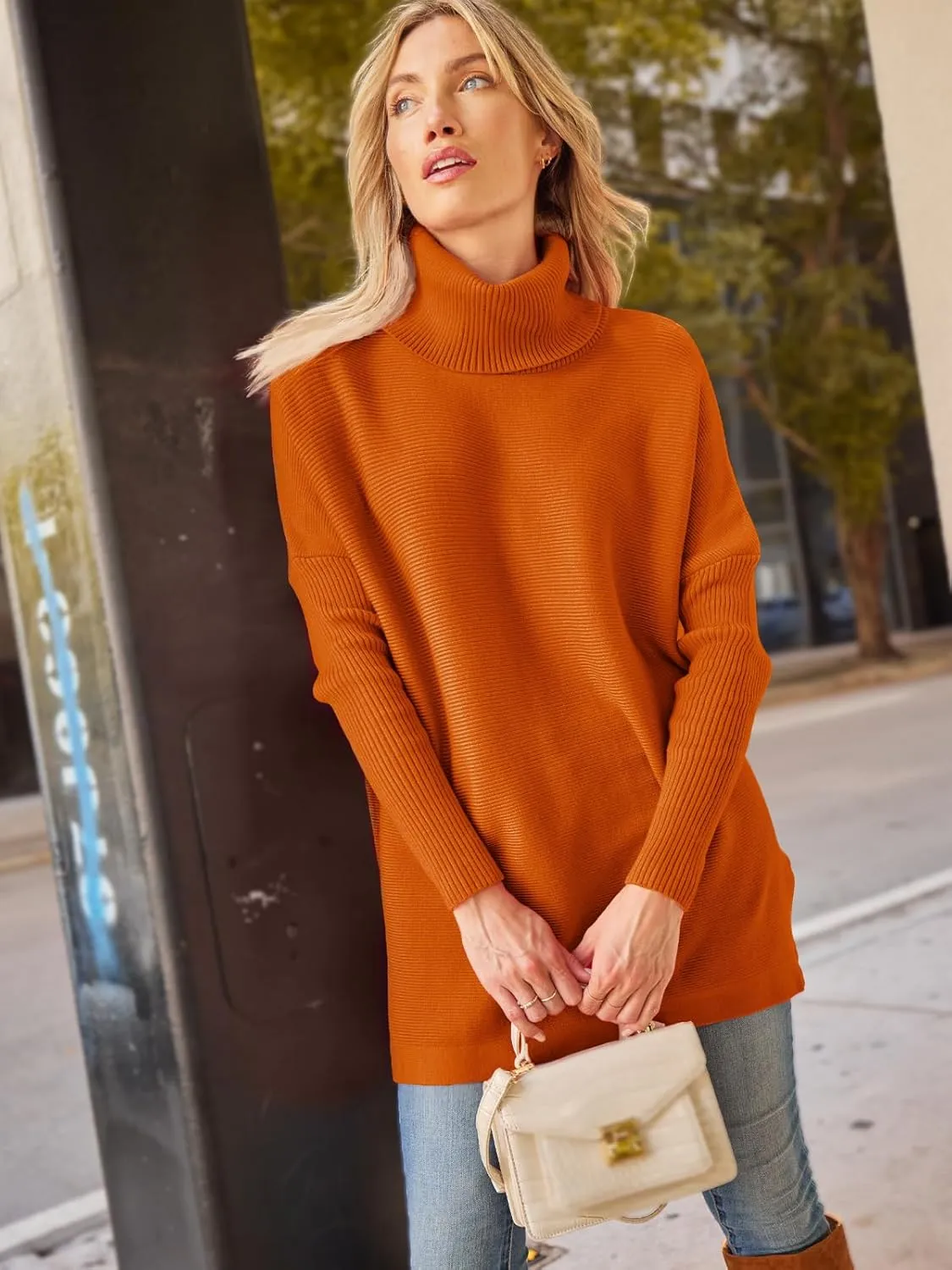 LILLUSORY Women's Turtleneck Oversized Sweaters Long Batwing Sleeve Spilt Hem Tunic Pullover Knit Tops