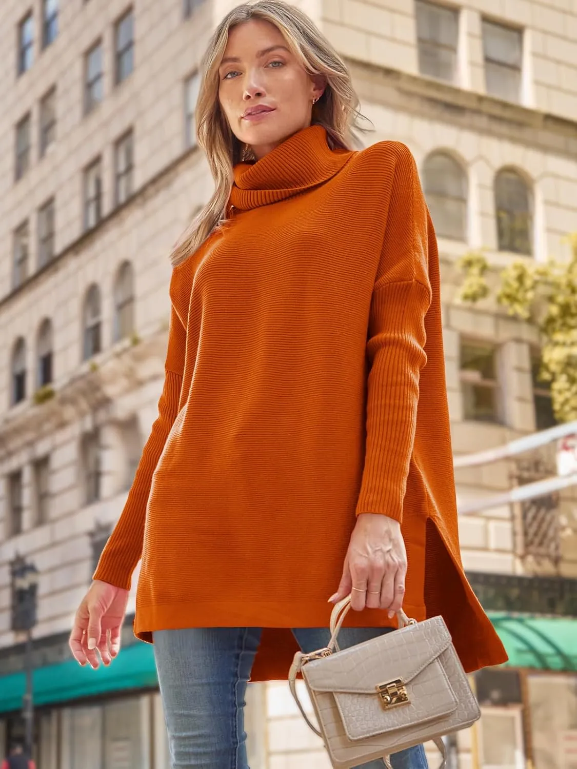 LILLUSORY Women's Turtleneck Oversized Sweaters Long Batwing Sleeve Spilt Hem Tunic Pullover Knit Tops