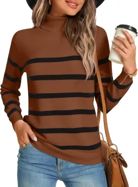 LONGYUAN Women Winter Turtle Necks Striped Knit Sweater Long Sleeve Pullover Casual Color Block Spring Tops 2025